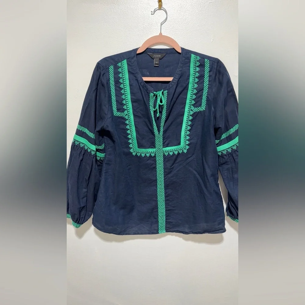 J. Crew Navy Blue Peasant Blouse with Green Embroidery - Picture 3 of 12